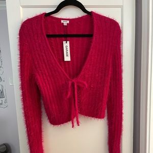 Hot Pink Fuzzy Front Tie Cardigan